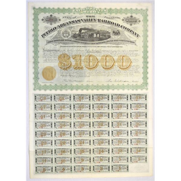 CO. Pueblo and Arkansas Valley Railroad Co., 1878, I/C Coupon Bond.