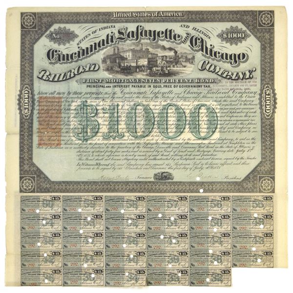 IN&IL. Cincinnati Lafayette and Chicago Railroad Co., 1871. I/C Bond with U.S. I.R. on left.