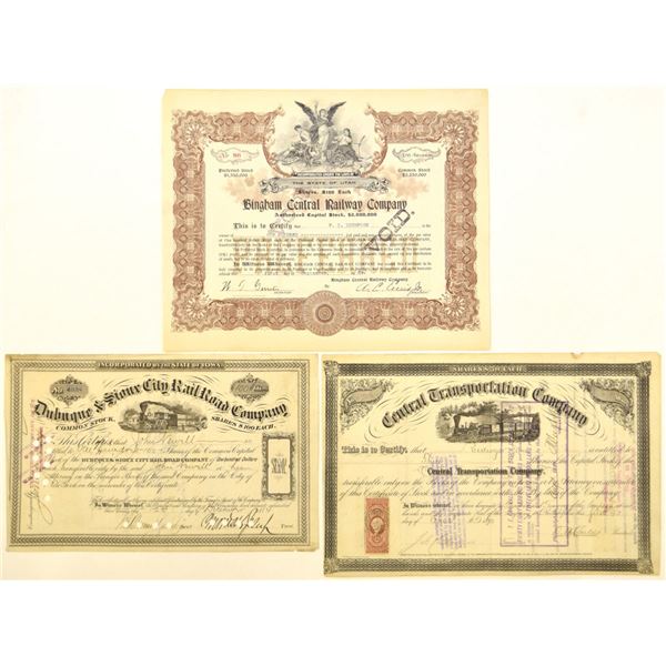 American Railroad & Transportation Certificates, 1870 to 1909, I/C Stock Trio.