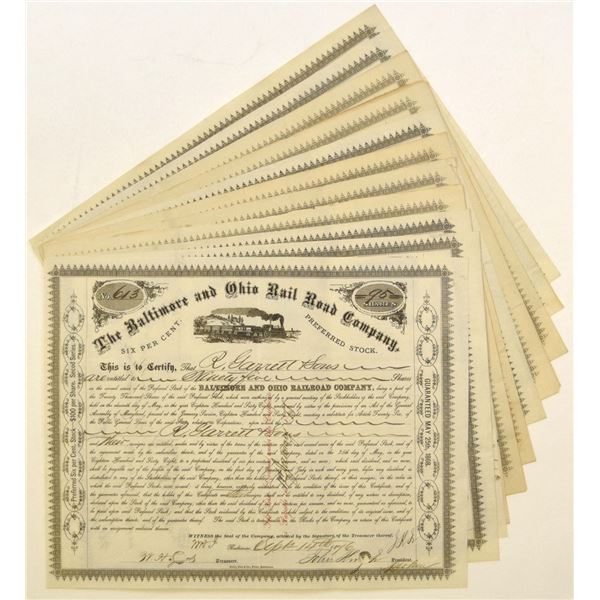 MD. Baltimore and Ohio Rail Road Co., 1869 to 1876, I/C Stock Certificates.