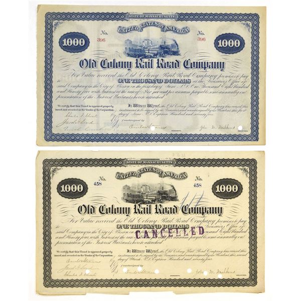 MA. Old Colony Rail Road Co., 1874 and 1875, I/C Bond Pair.