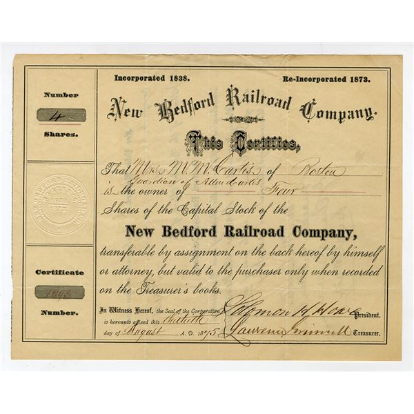 Massachusetts. New Bedford Railroad Co., 1875, I/U Stock Certificate.