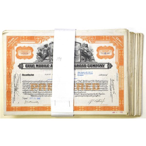 MS. Gulf, Mobile and Ohio Railroad Co., 1940 to 1955, I/C Stock Certificate Assortment.