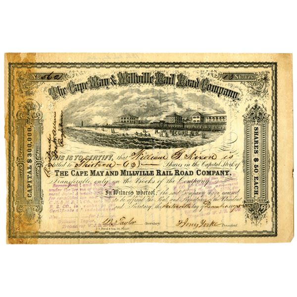 NJ. Cape May & Millville Rail Road Co., 1875, I/U Stock Certificate