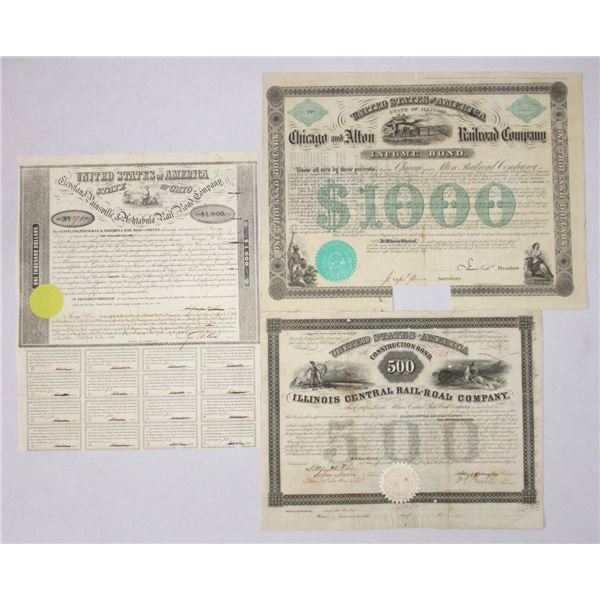 OH & IL. Ohio and Illinois Railroad Bond Trio, ca.1850 to 1862.