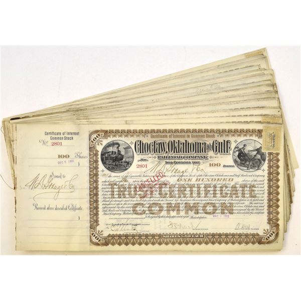 OK. Choctaw, Oklahoma and Gulf Railroad Co., 1901 to 1902, Partially Bound I/C Stock Certificates.