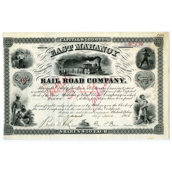 PA. East Mahanoy Rail Road Co., 1906, I/C Stock Certificate.