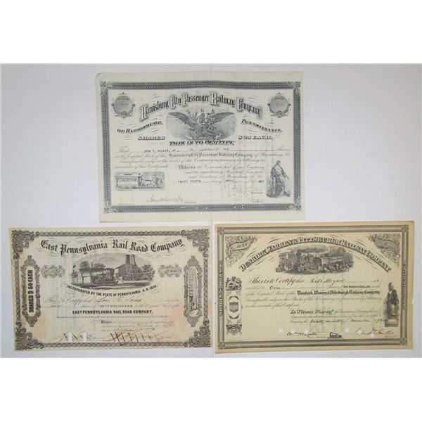 PA. Pennsylvania Railroad I/C Stock Certificate Trio, ca.1872-1923