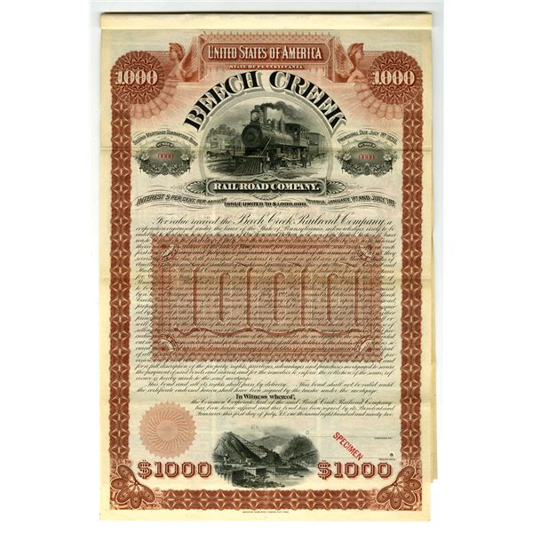 PA. Beech Creek Railroad Co., 1892, Specimen Gold Coupon Bond