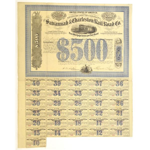 SC. Savannah & Charleston Rail Road Co., 1869, I/U Coupon Bond.