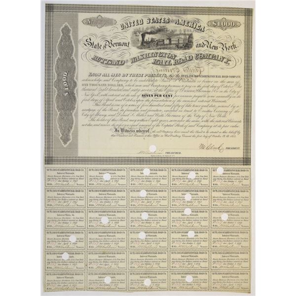 VT & NY. Rutland and Washington Rail Road Co., 1852, I/C Coupon Bond.