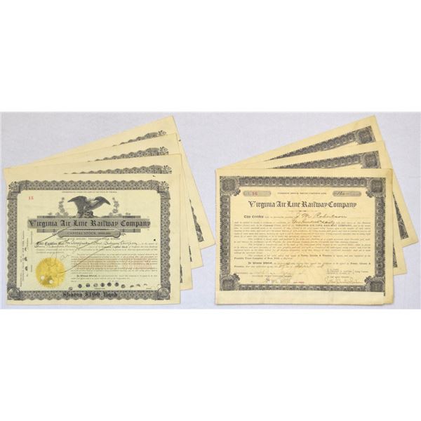 VA. Virginia Air Line Railway Co., 1906 to 1908, I/C Stock Certificate Assortment.