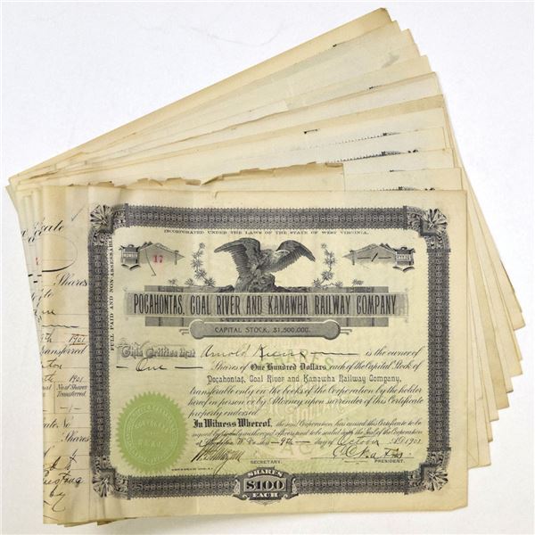 WV. Pocahontas, Coal River and Kanawha Railway Co., 1901 to 1904, I/C Stock Certificates.