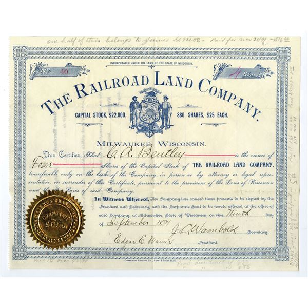 WI. Railroad Land Co., 1891, I/U Stock Certificate.