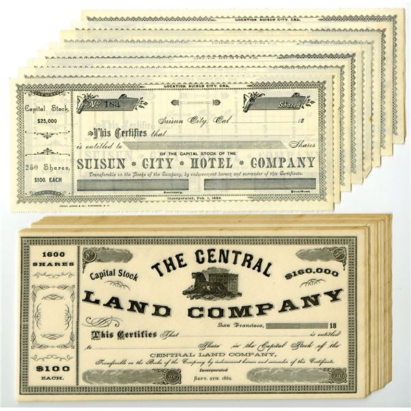 CA. Suisun City Hotel & Central Land Co. Unissued Stock Certificate Group, ca.1860s to 1880s.