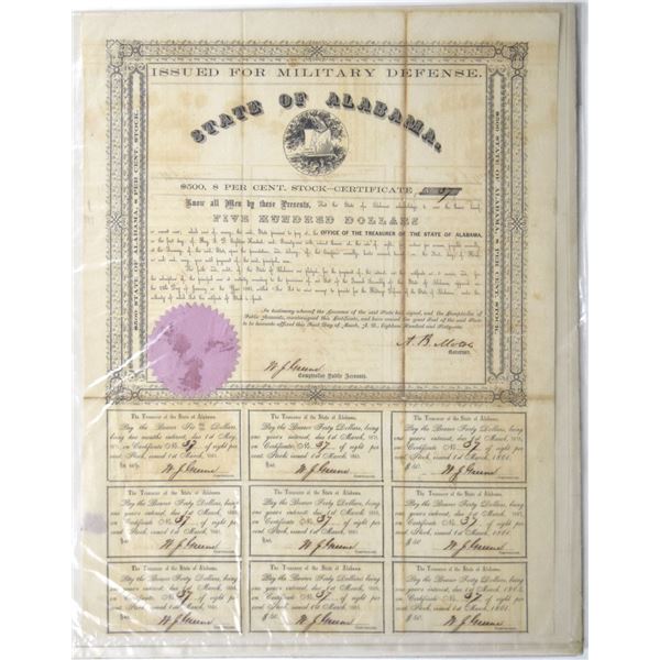 AL. State of Alabama, March 1, 1861, I/U Military Defense Stock Certificate/Bond Signed by Civil War