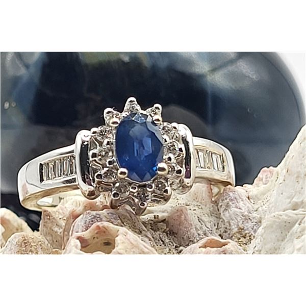 Oval Blue Sapphire and Diamond Halo Ring