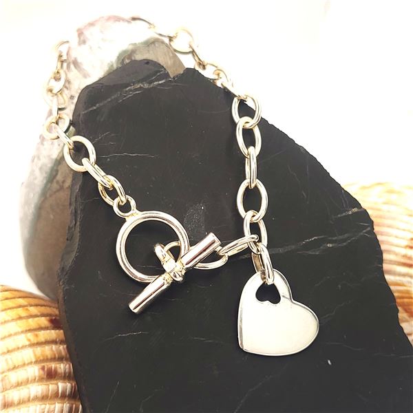 Rolo Link Toggle Bracelet w/ Dangling Heart Tag
