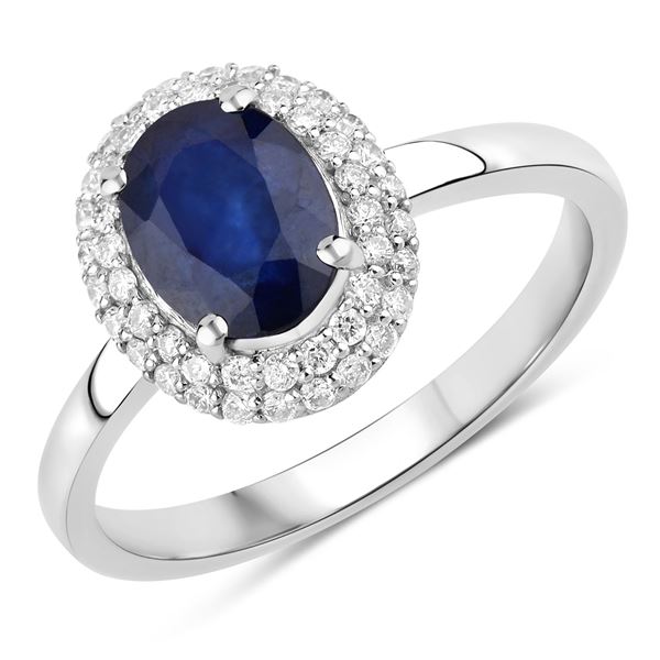 Blue Sapphire and Double Diamond Halo Ring