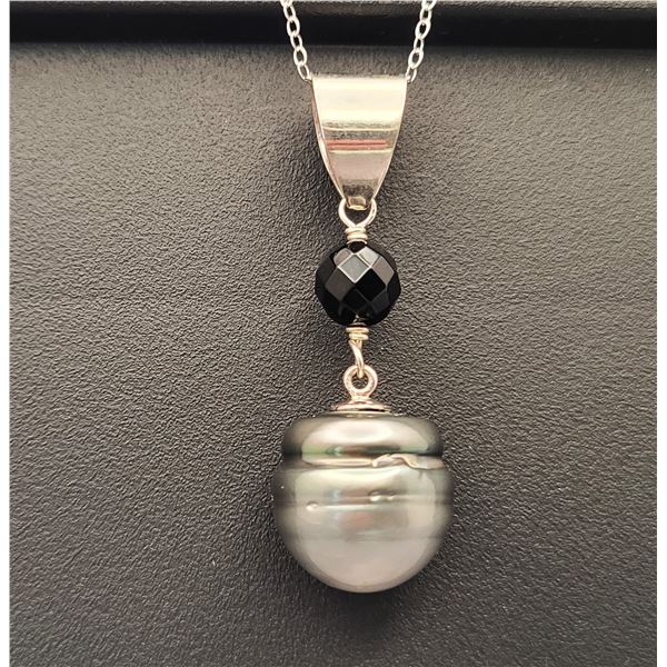 Bold Tahitian Pearl & Onyx Pendant in Sterling Silver