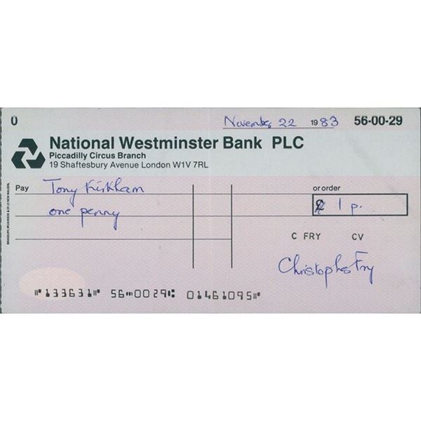 Screenwriter Christopher Fry Signed Cancelled Check JSA Authenticated