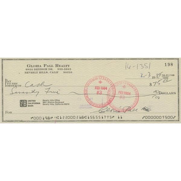 The Twilight Zone Gloria Pall signed check