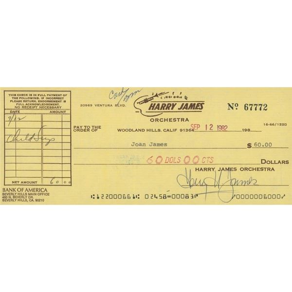 Big Band Musician Harry James signed check