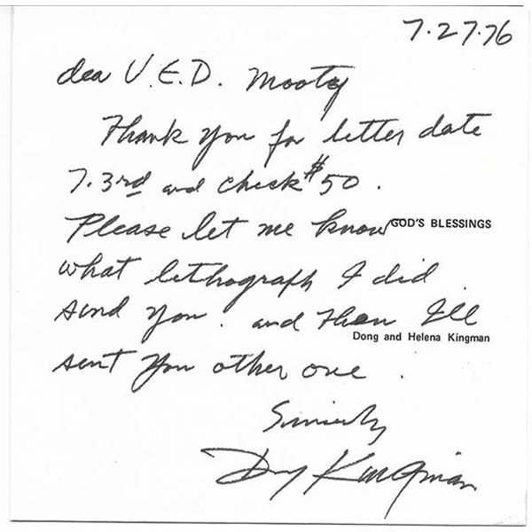 Watercolor Master Artist Dong Kingman handwritten signed letter