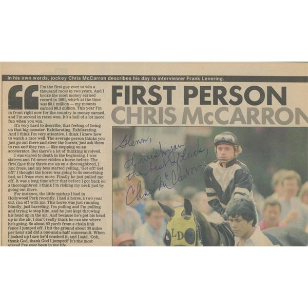 Chris McCarron signed newspaper clipping