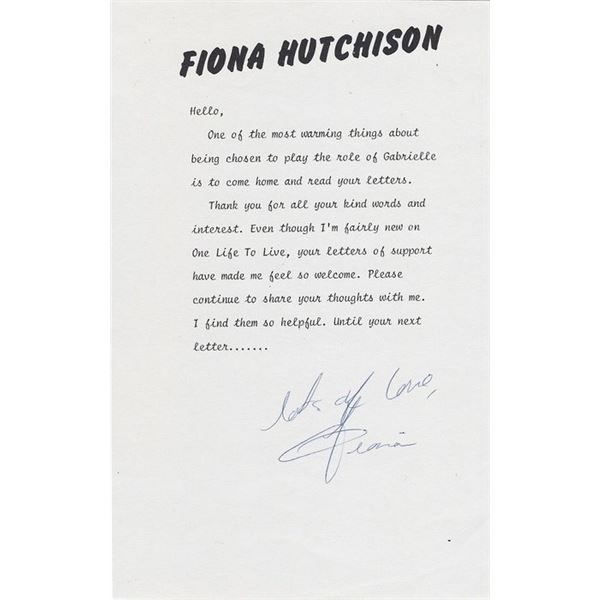 Guiding Light Fiona Hutchison signed letter