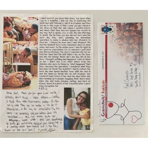 Dr. Patch Adams handwritten, signed note, and an envelope from the Gesundheit! Institute