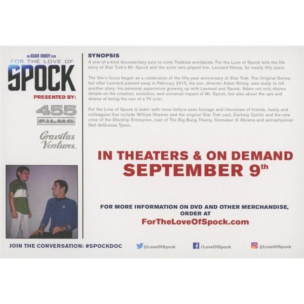 Adam Nimoy signed "For the Love of Spock" movie postcard