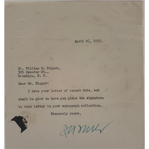 DNC chairman James A. Farley signed note