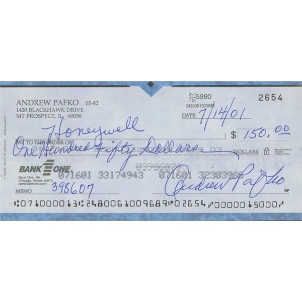 MLB Star Andrew Pafko signed check