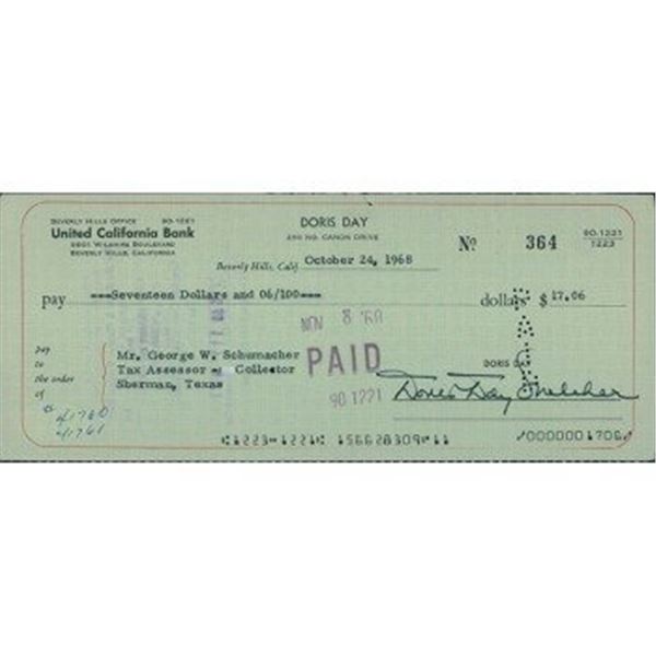 Pillow Talk Doris Day Signed Cancelled Bank Check JSA Authenticated