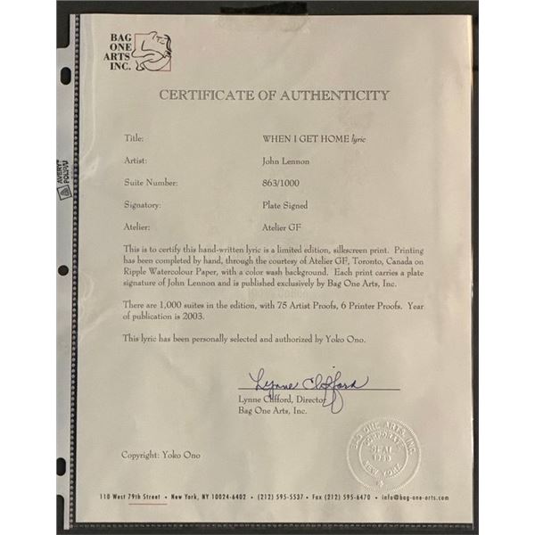 John Lennon Framed Bag One When I Get Home Plate Signed Printer Proof