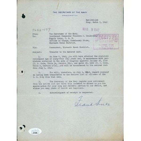 Secretary of the Navy Frank Knox Signed Typed Letter JSA Authenticated