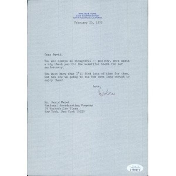 Dolores Mrs Bob Hope Signed 7x10.5 Typed Note To David Tebet JSA Authenticated
