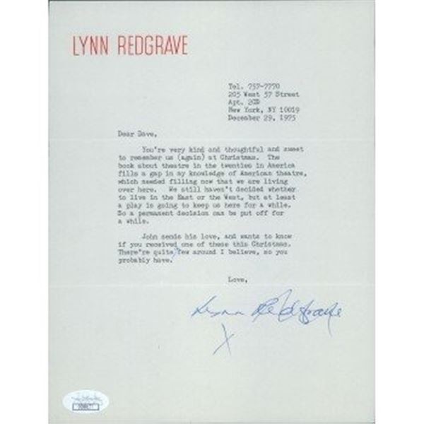 Gods And Monsters Lynn Redgrave Signed Typed Personal 7x9 Note To David Tebet JSA Authenticated