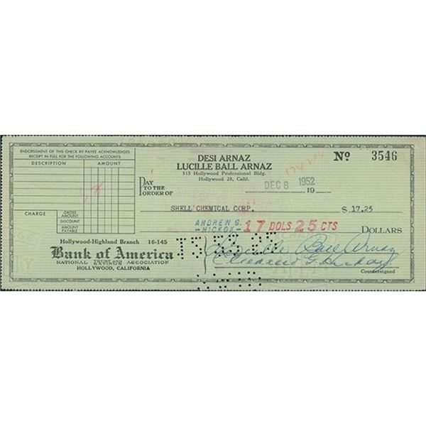 I Love Lucy Lucille Ball Arnaz Actress Signed Cancelled Bank Check JSA Authenticated
