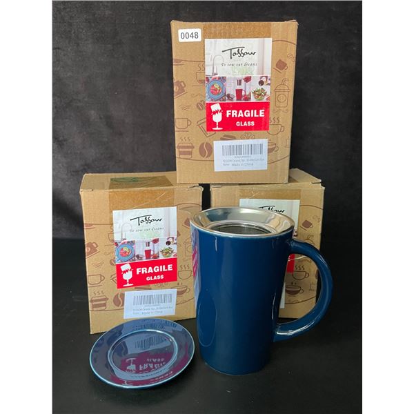 Lot of 3 Ceramic Tea Mugs with Infuser & Lid (14oz) Dark Blue - For Steeping Loose-Leaf Tea - New