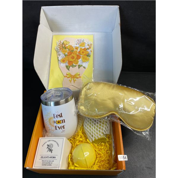 Spa/Beauty Gift Box Set for Mom - Includes Tumbler Mug, Candle, Card, Bath Bomb, Eye Mask - New