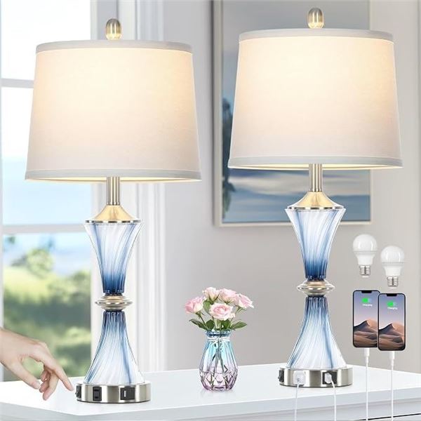 Set of 2 Modern Blue Glass Table Lamps w/ USB-C/A Charging Port Base & Outlet; LED Bulbs Incl - NEW