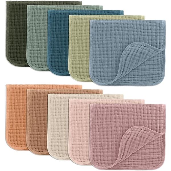 10-Pack of ComfyCubs Muslin Baby Burp Cloths (100% Cotton) for Newborns - New