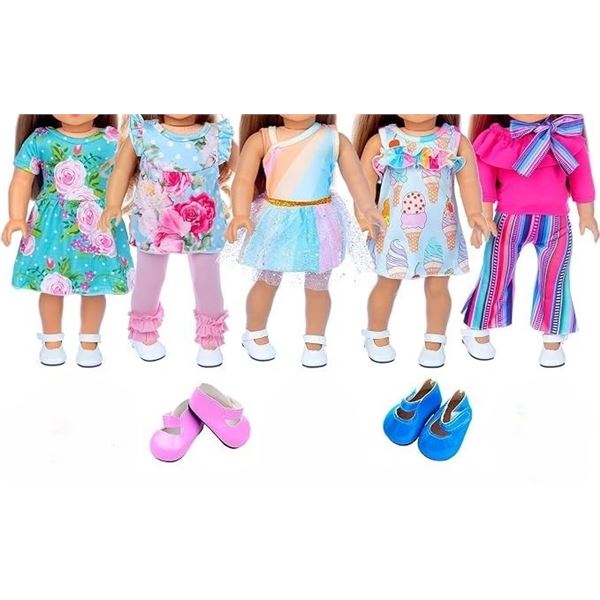 5-Pack of Girl Doll Clothes/Outfits for Toy Dolls (Fits 18" Dolls) with 2 Pairs of Shoes - New