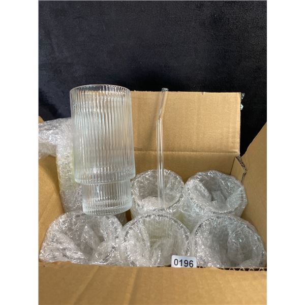 Box of 6 Ribbed/Striped Drinking Glasses with Glass Straws/Cleaning Brush - New