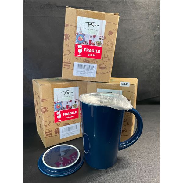 Lot of 3 Ceramic Tea Mugs with Infuser & Lid (14oz) Dark Blue - For Steeping Loose-Leaf Tea - New