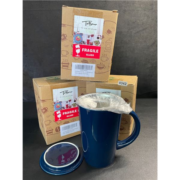 Lot of 3 Ceramic Tea Mugs with Infuser & Lid (14oz) Dark Blue - For Steeping Loose-Leaf Tea - New