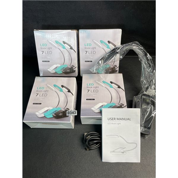 4 LED Clamp-On Book Lights - 3 Mode of Brightness; Rechargeable Clamp-On Design - New