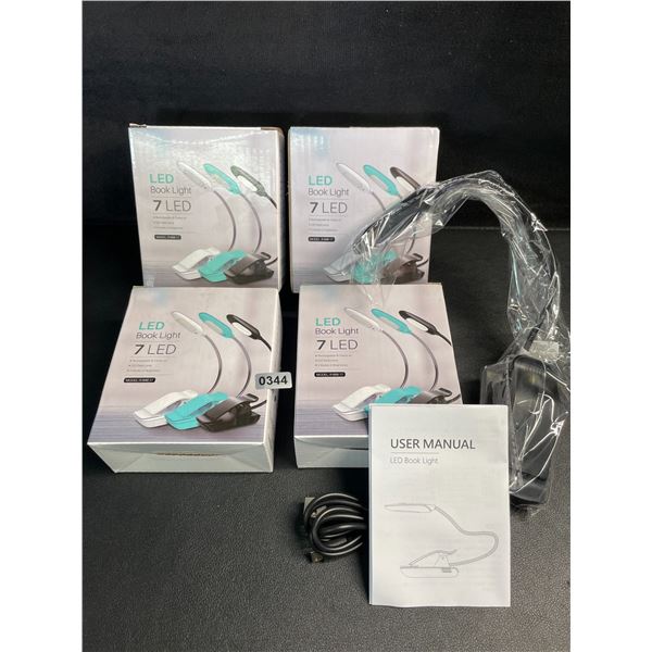 4 LED Clamp-On Book Lights - 3 Mode of Brightness; Rechargeable Clamp-On Design - New